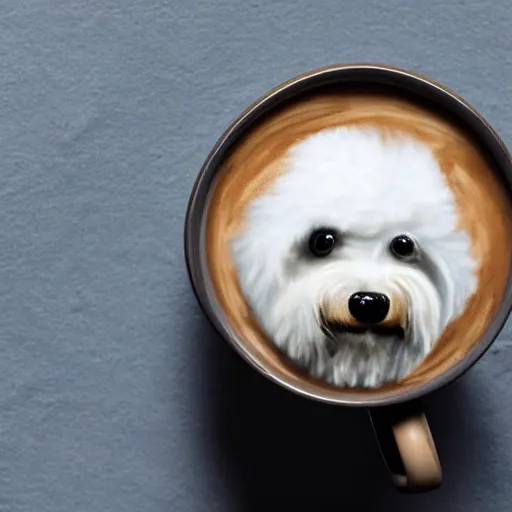 Image similar to a closeup photorealistic photograph of barista drawing bichon frise shaped latte art in a cup. professional capture, well lit shot. this 4 k hd image is trending on artstation, featured on behance, well - rendered, extra crisp, features intricate detail, epic composition and the style of unreal engine.