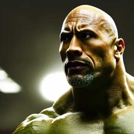 Prompt: a still portrait dwayne johnson as a bald green face incredible hulk, cinematic, shallow depth of field