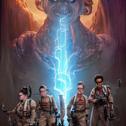 Image similar to ghostbusters, highly detailed, d & d, fantasy, hyper detailed, digital painting, trending on artstation, apollo, concept art, sharp focus, illustration, art by artgerm and magali villeneuve and greg rutkowski and michael whelan, cryengine, 8 k realistic atmospheric lighting, frostbite 3 engine, w 1 0 2 4