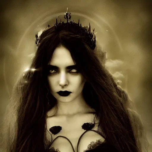 Prompt: the dark goddess of eternal night, beautiful, 8k, ethereal, cinematic, unearthly, moody, atmospheric, gothic, portrait, photomanipulation