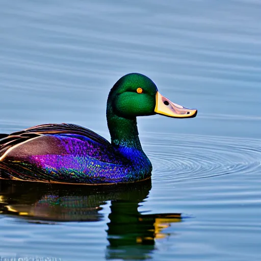 Prompt: a colorful iridescent mallard floating on a lake in the foothills of mount saint helens crater in the distance