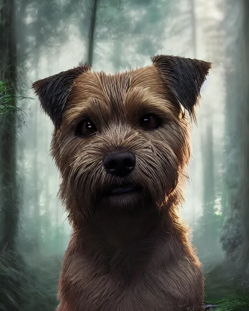 Image similar to magical border terrier in the forest , realistic cinematic,volumetric lighting,centered, symmetrical,sharp focus,digital painting, mystical art, smooth ,trending on Artstation ,4k