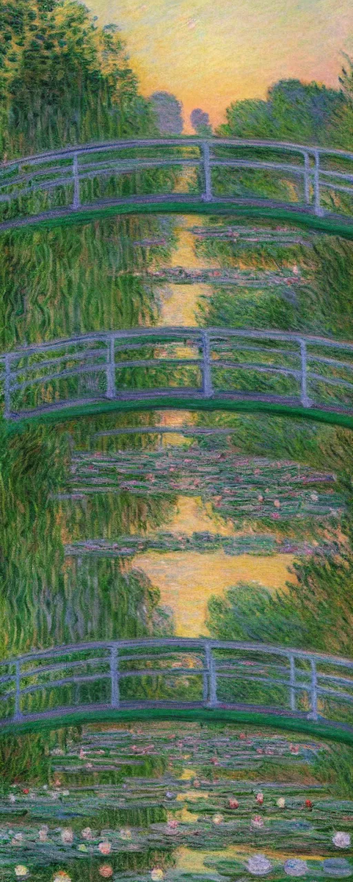 Image similar to A impressionism oil painting of water lilies pond at dusk, a bridge across the pond and a mansion near the pond, by Claude Monet