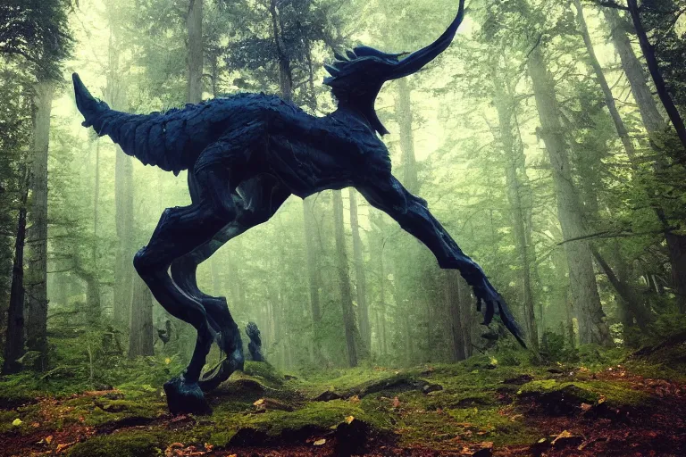 Prompt: mythological creature standing in a swedish forest very low angle photograph trending on artstation