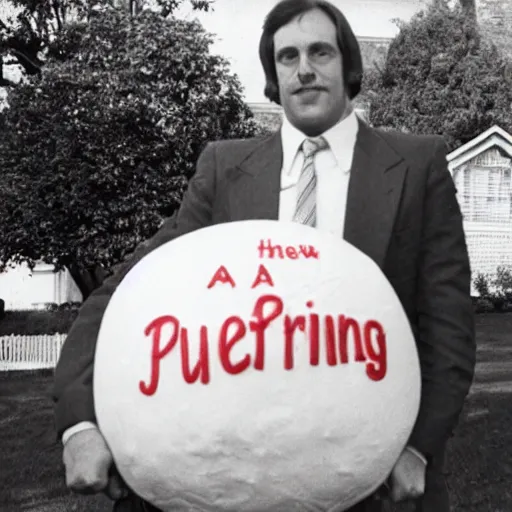 Image similar to a man stands next to the world's largest plum pudding in front of a suburban english house in the year 1 9 7 9