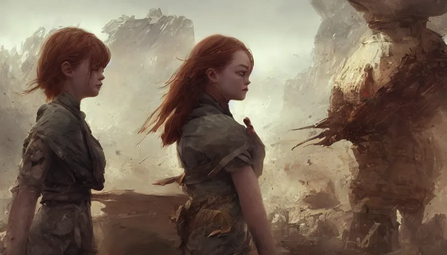 Prompt: a highly detailed epic cinematic concept art CG render digital painting artwork: Emma Stone and Sadie Sink back to back in an action scene. By Greg Rutkowski, Ilya Kuvshinov, WLOP, Stanley Artgerm Lau, Ruan Jia and Fenghua Zhong, trending on ArtStation, subtle muted cinematic colors, made in Maya, Blender and Photoshop, octane render, excellent composition, cinematic atmosphere, dynamic dramatic cinematic lighting, precise correct anatomy, aesthetic, very inspirational, arthouse