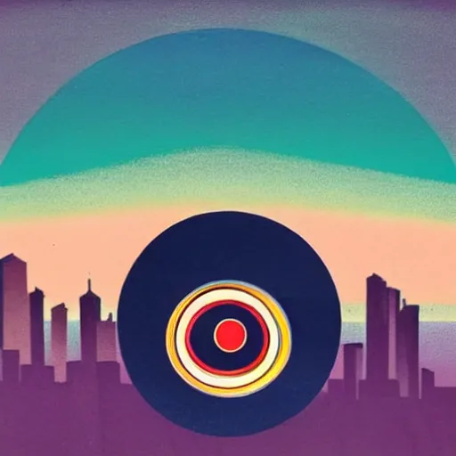 Prompt: logo of eye as the horizon, overlooking a city!!!!, symmetrical, washed out color, centered, art deco, 1 9 5 0's futuristic, glowing highlights, peaceful