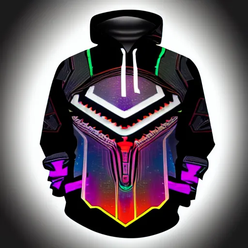 Image similar to mockup of a black hoodie with a claymodel of a cyberpunk aztec futurism robot head, 8 k, symetrical, flourescent colors, halluzinogenic, multicolored, insanely integrate, black background, 3 d render,