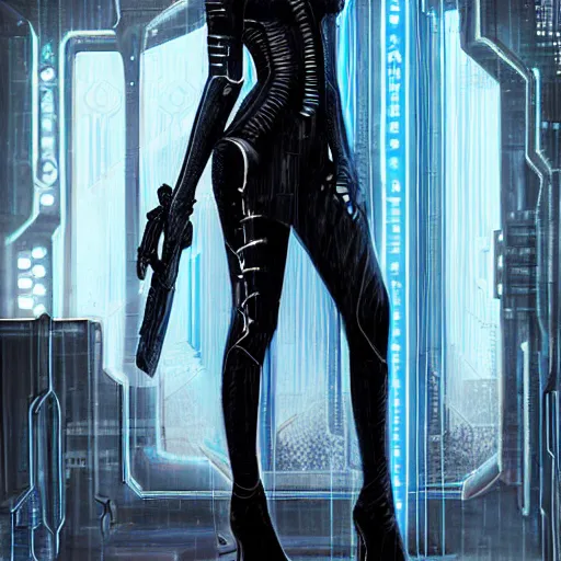 Prompt: a full body beautiful woman wearing a cyberpunk outfit by hr giger, blue eyes, weapons, electronics, high tech, cyber wear, concept art, fantasy, cyberpunk