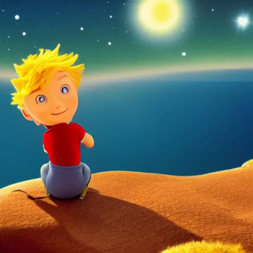 Prompt: the little prince looking over a cliff at the sea with wind in his hair. pixar animated style. there are stars and galaxies glowing beautifully in the sky.