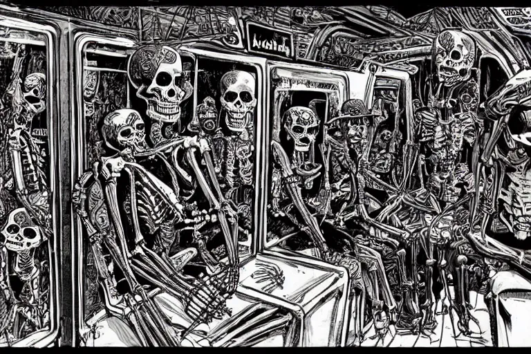Image similar to scene from interior of a subway car, lunch, day of all the dead, skeletons, artwork by philippe druillet