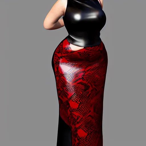 Image similar to curvy feminine hot goth cutie with sublime modest elegant patterned red-black snakeskin leather neck-high gown, cgsociety, photorealistic, comfy ambience, idealistic, 16k, smooth, sharp focus, trending on ArtStation, volumetric lighting, fully clothed, worksafe