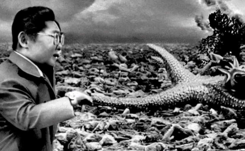 Image similar to a filmstill of Kim Jong-il and a starfish monster destroying Pyongyang, in Godzilla (1954) by Ishirō Honda, epic ultrawide shot, cinémascope