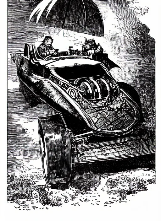 Image similar to 19th century wood-engraving of the batmobile, whole page illustration from Jules Verne book, art by Édouard Riou Jules Férat and Henri de Montaut, frontal portrait, high quality, beautiful, highly detailed, removed watermarks