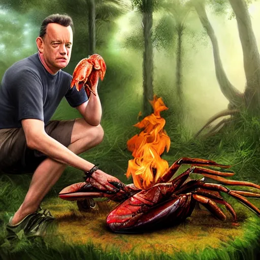 Image similar to Tom Hanks as forrest holding a giant shrimp over a campfire in the jungle, realistic digital painting, in the style of Aleksi Briclot, photoreailstic, realistic face, amazing detail, sharp