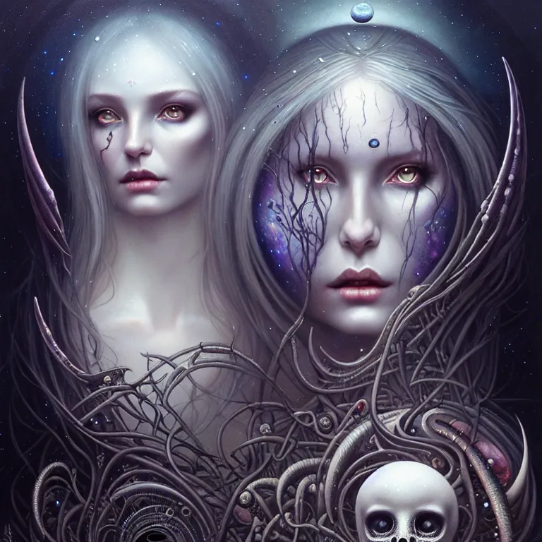 Prompt: skewed in the void, hr giger and cgsociety. one stunning luna goddess of personification of the moon by charlie bowater and tom bagshaw, insanely detailed, artstation, space art. sparkling flower fractules surrounded by skulls and robots deep under the sea, pop art, by peter rohrabacher lisa frank