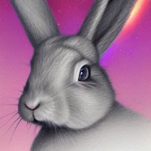 Prompt: rabbit face only, nebula space background, pencil drawing, pastel, by marc simonetti