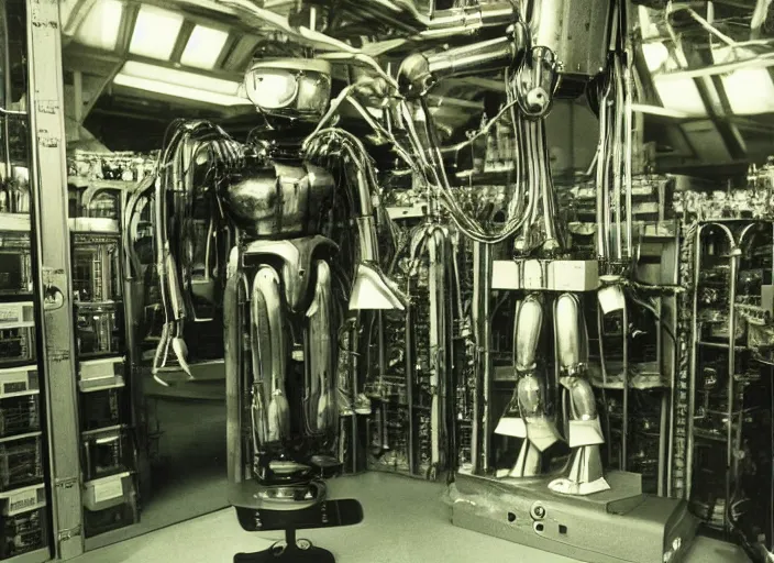 Prompt: realistic photo of the robot made of steel, shiny and fancy, standing in the wooden room full of medieval computers. displays are shiny 1 9 9 0, life magazine reportage photo