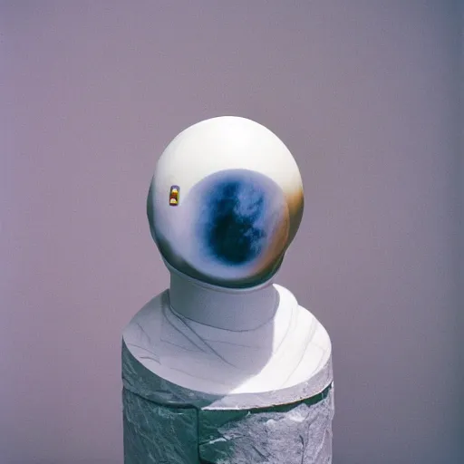 Image similar to Studio photography of a marble sculpture astronaut with light grey background, 35mm shot on color film photography