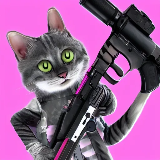 Prompt: cute grey cat with white stripes play apex legends, shooting gun, japanese comic style, pink background