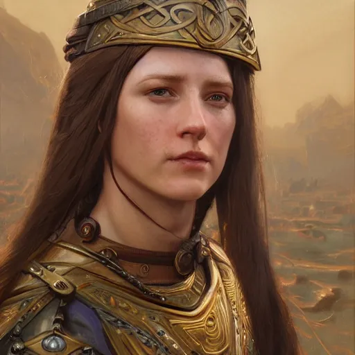 Image similar to an portrait of an happy female celt, detailed, centered, digital painting, artstation, concept art, donato giancola, Joseph Christian Leyendecker, WLOP, Boris Vallejo, Breathtaking, 8k resolution, extremely detailed, beautiful, establishing shot, artistic, hyperrealistic, beautiful face, octane render