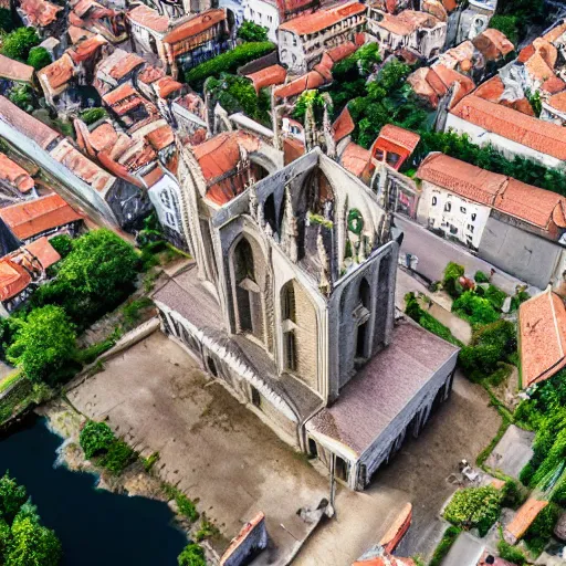 Image similar to an aerial photograph of an 800 meter high church in a medieval city