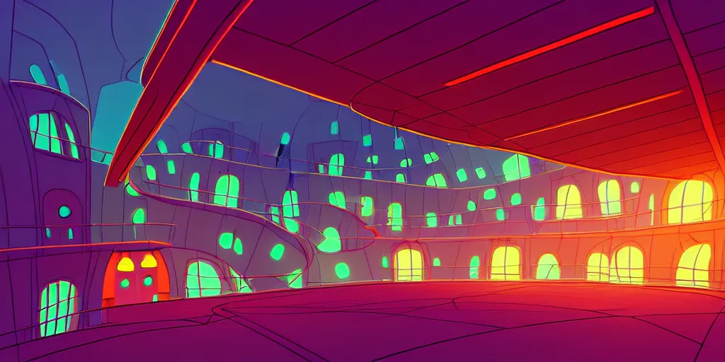 Prompt: minimalistic extreme wide angle curved perspective digital art of indoor top floor of a casino with a balcony to the ground floor by anton fadeev from ( nightmare before christmas )!!!!!!!!!!