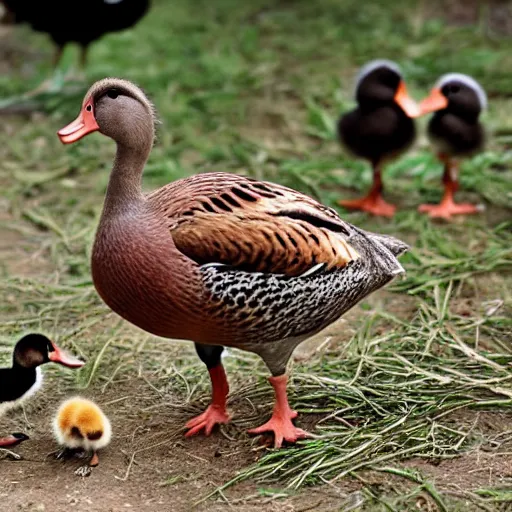 Image similar to a crossbreed of a turkey and a duck, with chicks, photo