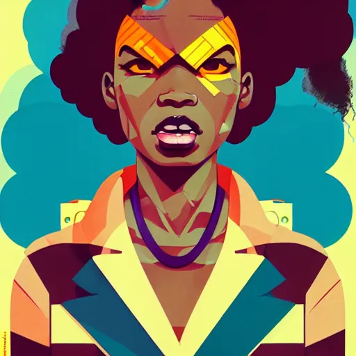 Image similar to Sachin Teng illustration of an afropunk female villain character, medium shot, asymmetrical, profile picture, outlines, rich colours, , trending on artstation, by Sachin Teng