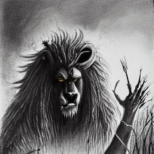 Image similar to Black and white drawing of Mufasa\'s death scene, Stephen Gammell style, evil, high detail, Scary Stories