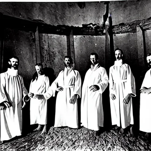 Image similar to worshippers dressed in robes belonging to the cult of the windmill. Dilapidated 1800s windmill. Old windmill. 1800s photo.