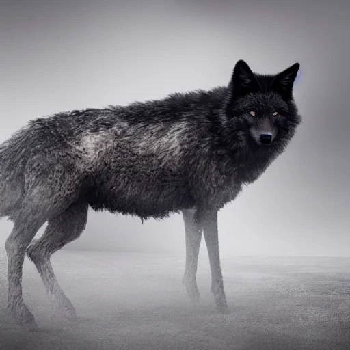 Image similar to Bloodthirsty black wolf in white sheep's clothing, gloomy atmosphere, hyperrealism, no blur, 4k resolution, ultra detailed-i