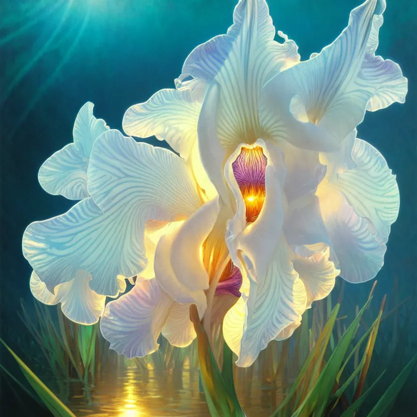 Image similar to detailed giant white holographic orchid iris hybrid flower surrounded by ocean waves, lsd water, lsd ripples, droplets, backlit, sunset, refracted lighting, art by collier, albert aublet, krenz cushart, artem demura, alphonse mucha