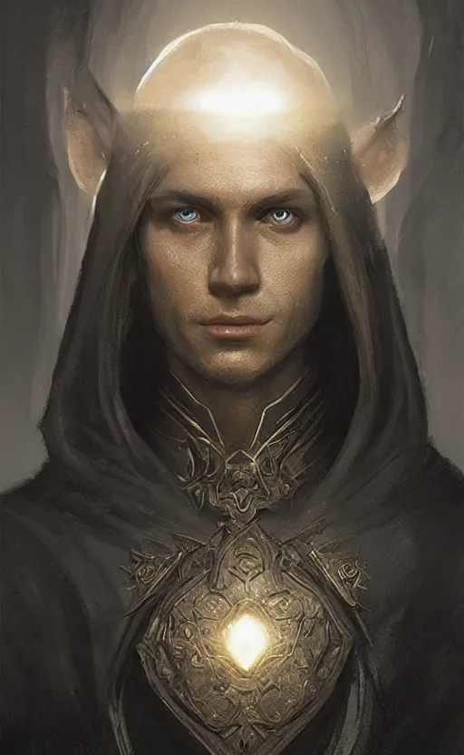 Prompt: Portrait of an elf in a black tunic with glowing eyes, male, detailed face, fantasy, highly detailed, cinematic lighting, digital art painting by greg rutkowski