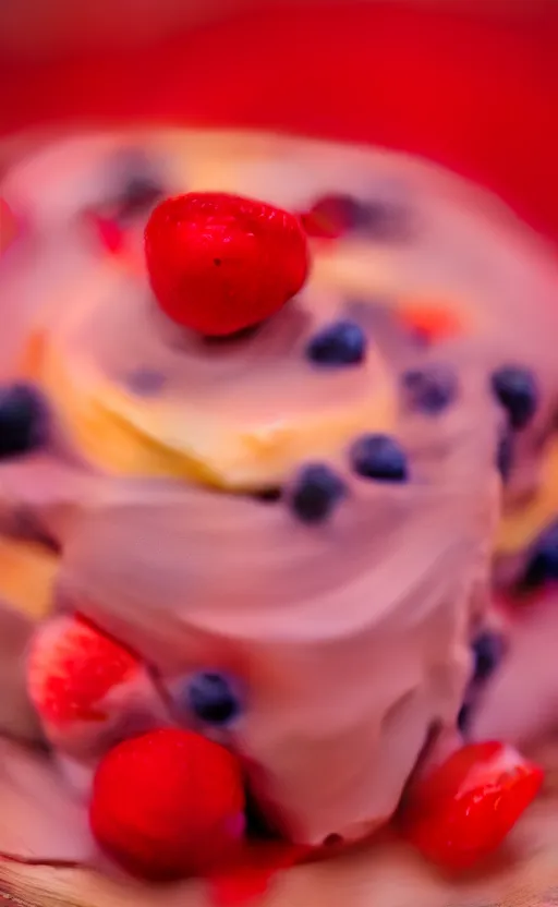 Image similar to A photo of a swedish cake from the side on a wooden table, with cream spread on the sides and strawberries, raspberries and blueberries placed in circles on top. Sunset. 4K. Cinematic lighting. High detail. Realistic. Delicious.