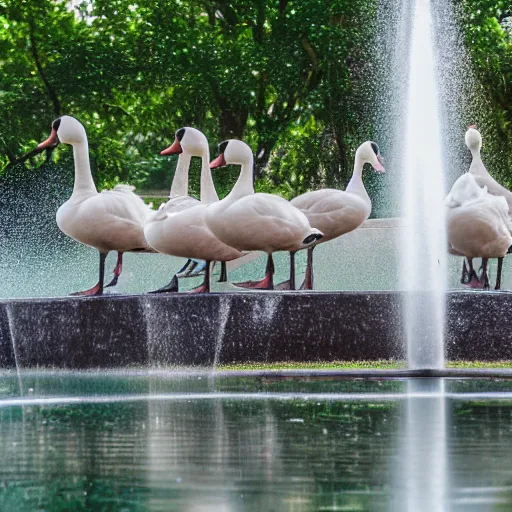 Image similar to a group of geese by a park fountain, 50mm Sigma lens, shot on a Sony A7siii
