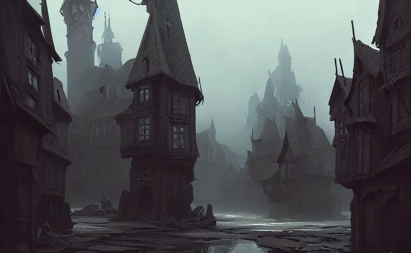 Prompt: beautifully done concept art of an old medieval mystic town : : art by jakub rebelka : : dramatic mood, overcast mood, dark fantasy environment : : trending on artstation, unreal engine, digital art