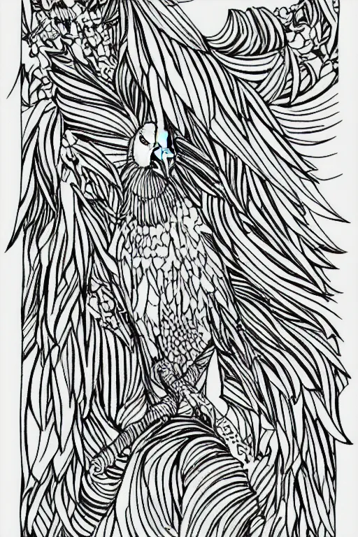 Prompt: parrot, fractal, ink drawing, line art colouring page