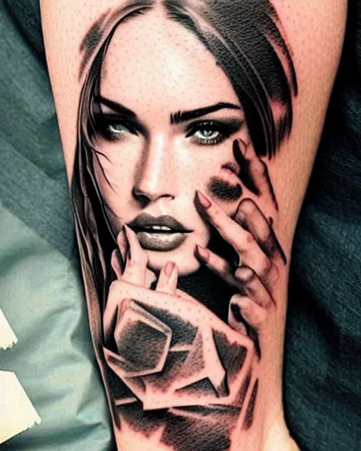 Image similar to creative double exposure effect tattoo design sketch of megan fox with beautiful mountains, realism tattoo, in the style of matteo pasqualin, amazing detail, sharp