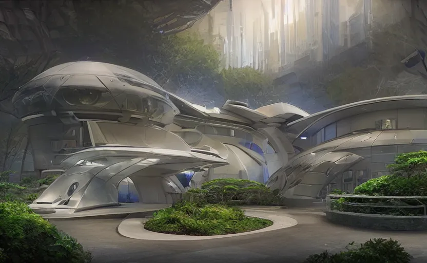 Prompt: Futuristic police station with ((((beautiful and magical garden)))). By Frank Lloyd Wright, concept art, inrincate, sharp focus, digital painting, unreal engine, cgsociety, neoclassical, mech, robot, fractal flame, cinematic, highly detailded