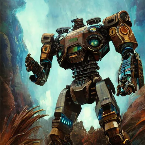 Image similar to pacific rim robot wearing high tech armor standing in the sea, full body, steam punk, 70's sci-fi, extremely detailed digital painting, in the style of Fenghua Zhong and Ruan Jia and Jermy lipking and peter mohrbacher, mystic colors, highly detailed, deep aesthetic, 8k, highly ornate intricate details, cinematic lighting, rich colors, digital artwork, ray tracing, hyperrealistic, photorealistic, cinematic landscape, trending on artstation,