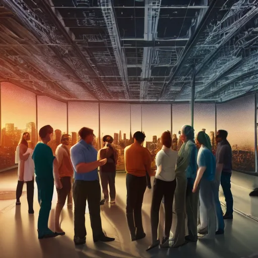 Image similar to large group people in a frame warehouse, looking at hologram of futuristic city on a table, cinematic concept art, godrays, golden hour, natural sunlight, 4 k, clear details, tabletop model buildings, tabletop model, hologram center, crane shot, crane shot, crane shot