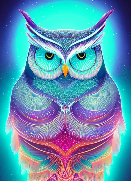 Image similar to symmetry!! product render poster vivid colors divine proportion owl, ice and snow, glowing fog intricate, elegant, highly detailed, digital painting, artstation, concept art, smooth, sharp focus, illustration,