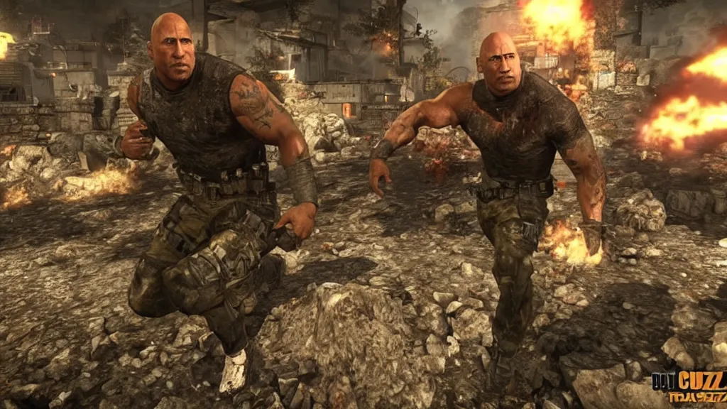 Image similar to dwayne the rock johnson, dwayne the rock johnson in the call of duty zombies map tranzit, black ops 2 tranzit, screenshot