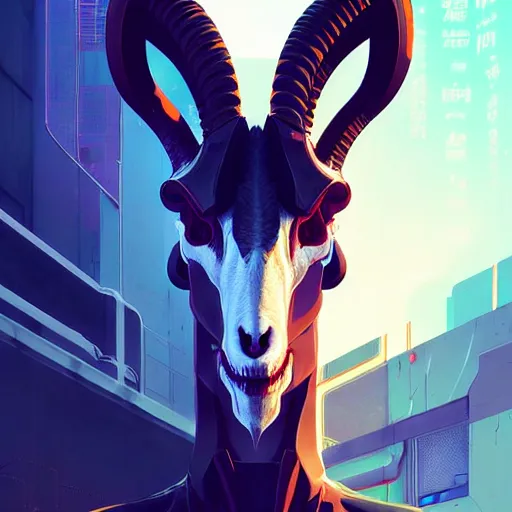 Prompt: a cyberpunk goat skull, by guweiz and wlop and ilya kuvshinov and artgerm and josan gonzalez, digital art