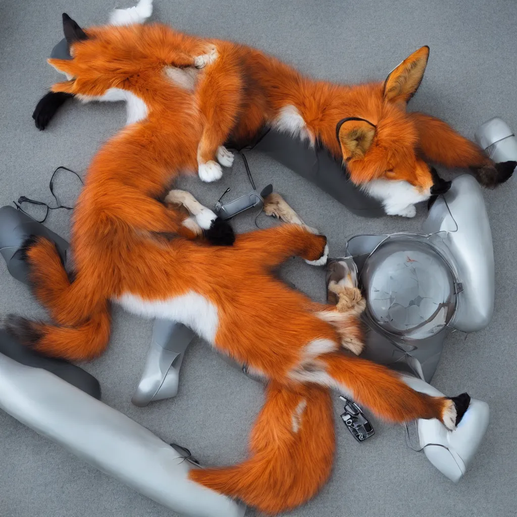 Image similar to anthropomorphic furry anthro fox lounging in a futuristic hotel