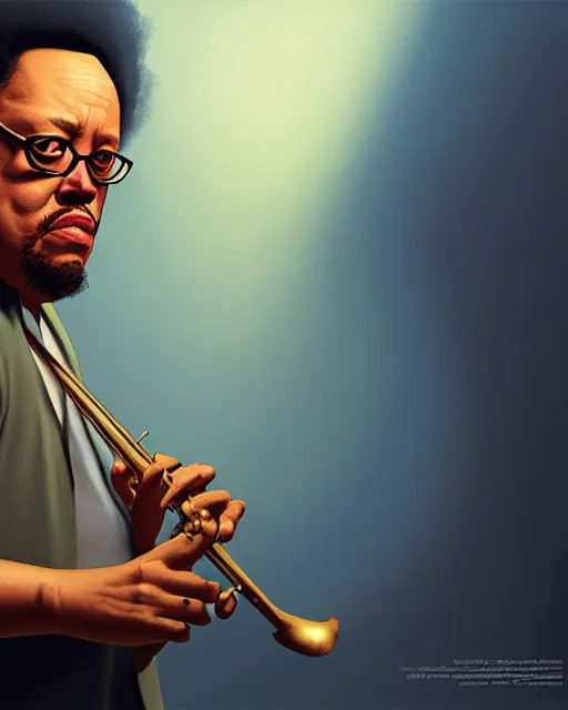 Image similar to disney pixar portrait 8 k photo of charles mingus on a smoky stage : : by weta, greg rutkowski, wlop, ilya kuvshinov, rossdraws, artgerm, annie leibovitz, rave, unreal engine, alphonse mucha : :