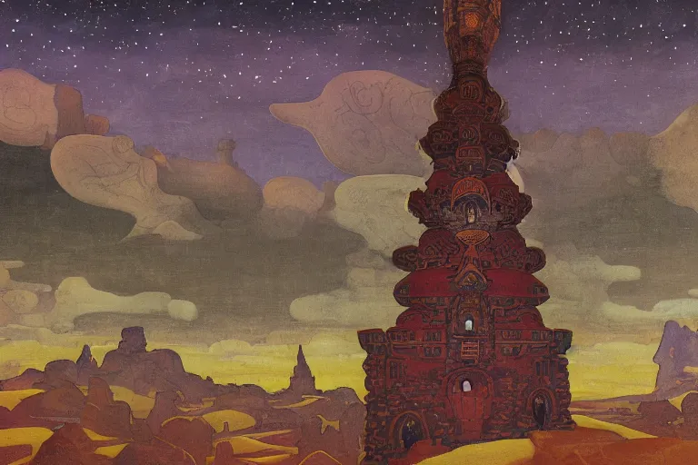 Image similar to the holy tower of the moon and stars and its surrounding gardens, dramatic cinematic lighting, ornate folk-art carved architecture, rich colors, by Nicholas Roerich and William Dyce and ford madox brown and April Gornik and Caspar David Friedrich and Diego Rivera and Tyler Edlin and Ivan Bilibin, featured on artstation