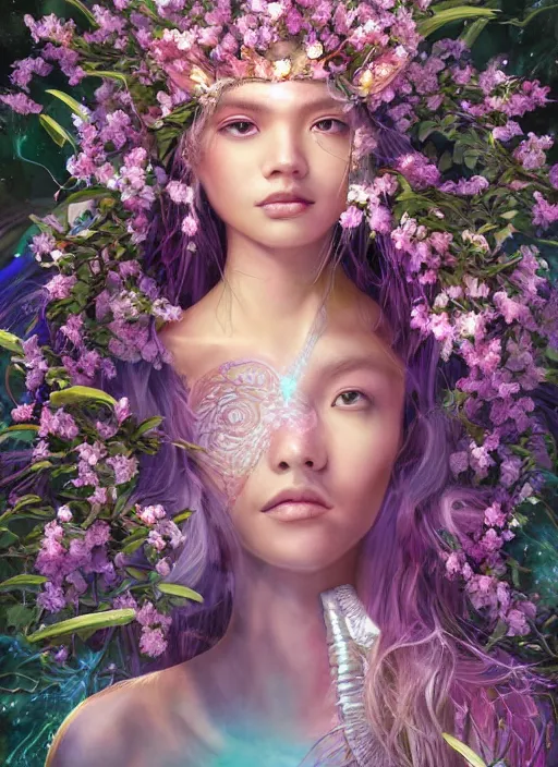 Image similar to portrait of Lalisa Manobal as a Celestial Goddess of a futuristic princess, inside future fighter, sci-fi, fantasy, intricate, lush garden spaceship with sakura season flowers, elegant, human anatomy, royal green and nature light, highly detailed, digital painting, artstation, concept art, smooth, sharp focus, illustration, art by tian zi and WLOP and alphonse mucha, masterpiece, 3d blender