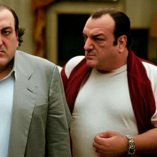 Image similar to tony soprano telling donald trump he is in trouble with the boss. highly detailed movie still